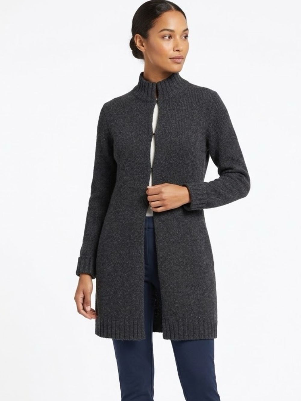GAP Charcoal Gray 100% Lambswool Long Cardigan Sweater Duster Mock Neck Medium
